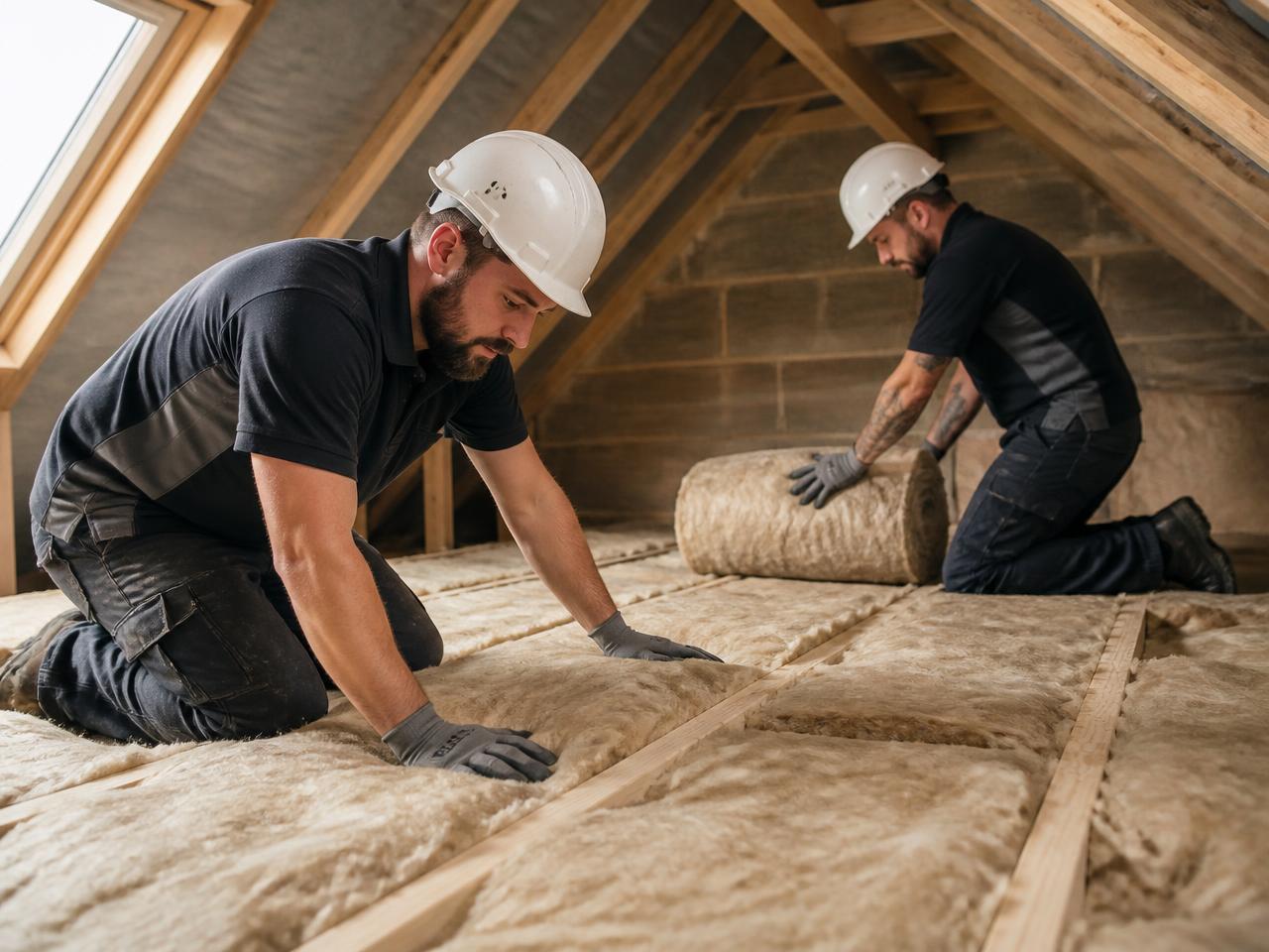 Two Warm Home Approach Ltd installers laying loft insulation between joists